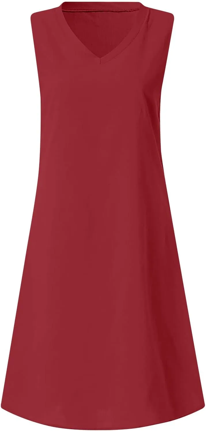 Linen Sun Dresses for Women 2025 Vacation Sleeveless V Neck Solid Color Dress Summer Fashion Casual Soft Tank Tops