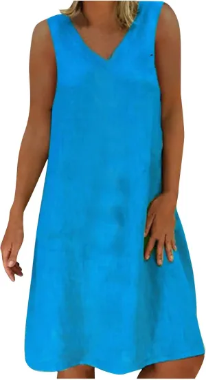 Linen Sun Dresses for Women 2025 Vacation Sleeveless V Neck Solid Color Dress Summer Fashion Casual Soft Tank Tops