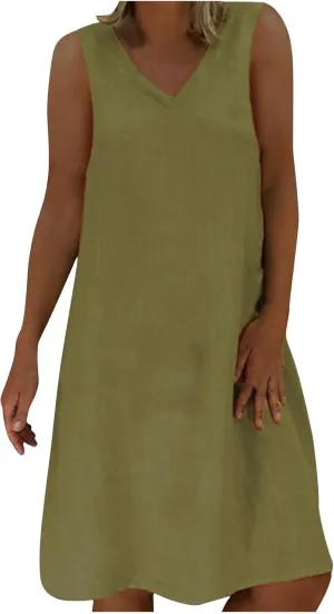 Linen Sun Dresses for Women 2025 Vacation Sleeveless V Neck Solid Color Dress Summer Fashion Casual Soft Tank Tops