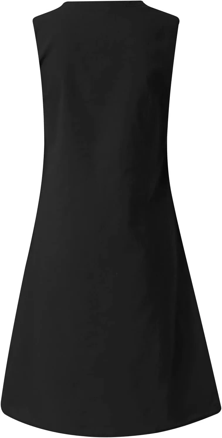 Linen Sun Dresses for Women 2025 Vacation Sleeveless V Neck Solid Color Dress Summer Fashion Casual Soft Tank Tops