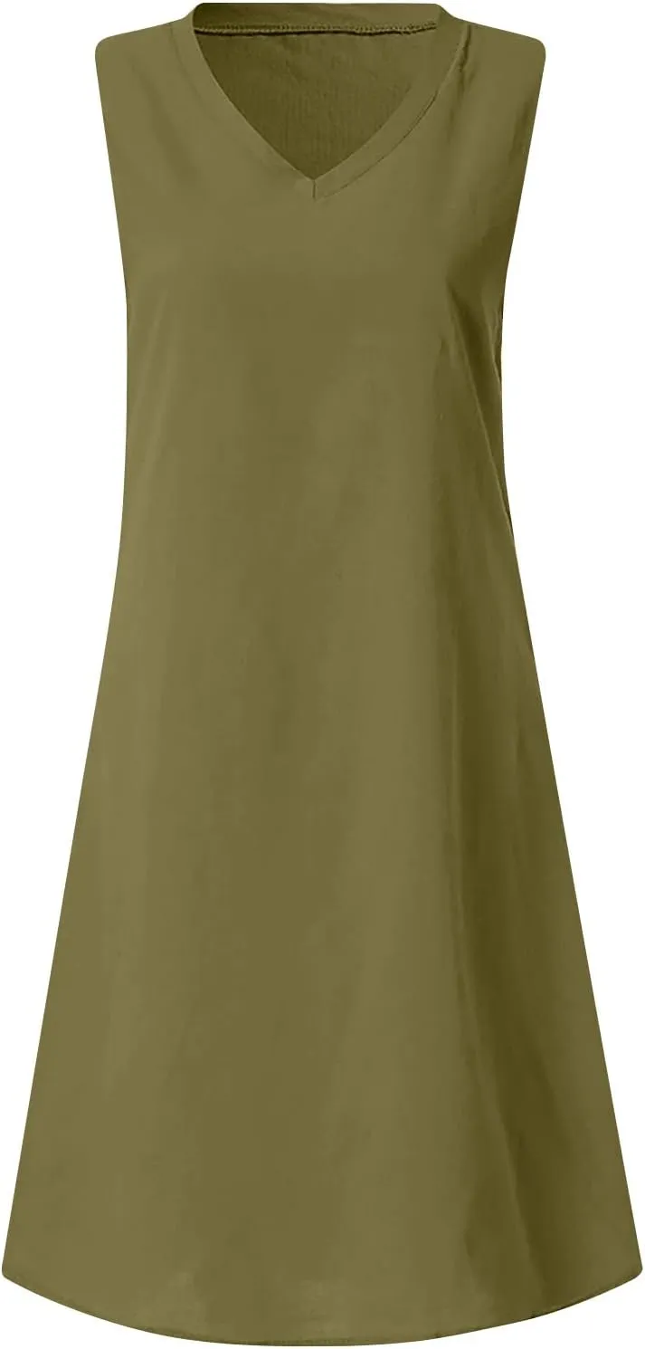 Linen Sun Dresses for Women 2025 Vacation Sleeveless V Neck Solid Color Dress Summer Fashion Casual Soft Tank Tops