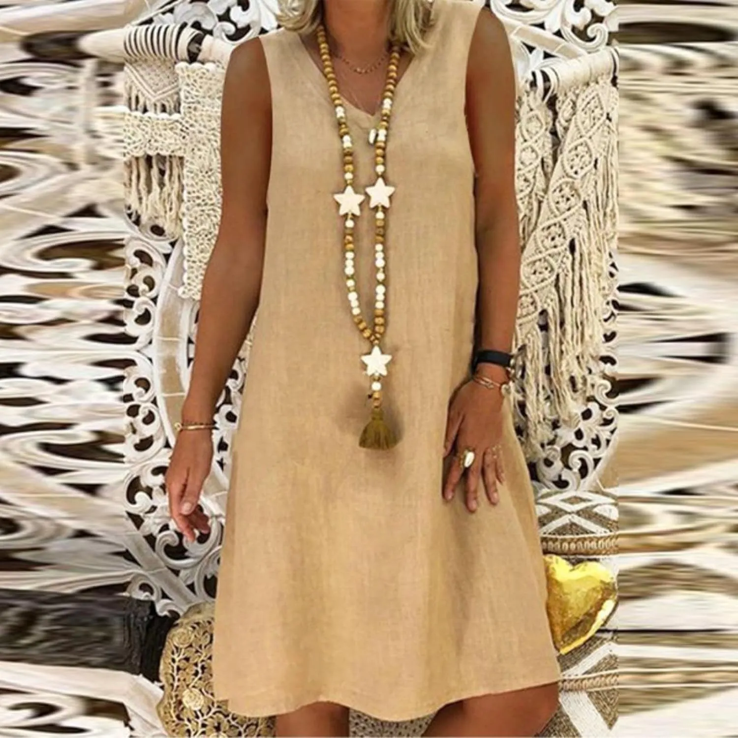 Linen Sun Dresses for Women 2025 Vacation Sleeveless V Neck Solid Color Dress Summer Fashion Casual Soft Tank Tops