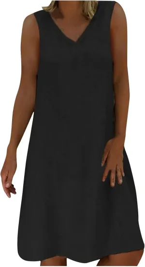 Linen Sun Dresses for Women 2025 Vacation Sleeveless V Neck Solid Color Dress Summer Fashion Casual Soft Tank Tops