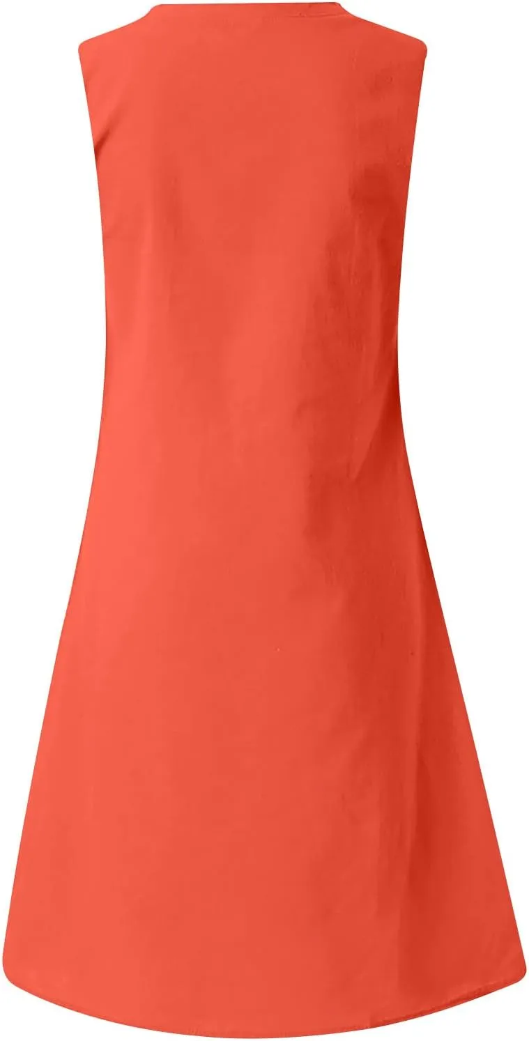 Linen Sun Dresses for Women 2025 Vacation Sleeveless V Neck Solid Color Dress Summer Fashion Casual Soft Tank Tops