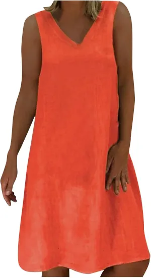 Linen Sun Dresses for Women 2025 Vacation Sleeveless V Neck Solid Color Dress Summer Fashion Casual Soft Tank Tops