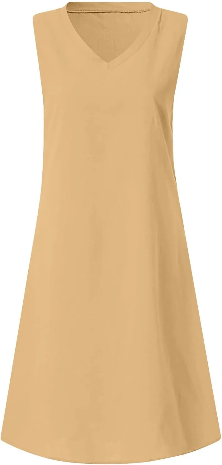 Linen Sun Dresses for Women 2025 Vacation Sleeveless V Neck Solid Color Dress Summer Fashion Casual Soft Tank Tops