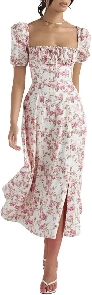Linsery Women's Puff Sleeve Floral Maxi Dress Elegant Square Neck Cottagecore Boho Split Long Dresses