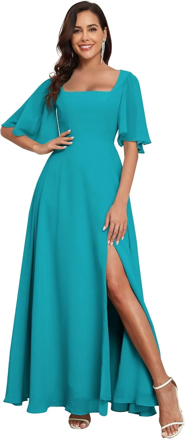 Long Bridesmaid Dresses for Women Chiffon Wedding Guest Dress with Slit Square Neck Corset Back