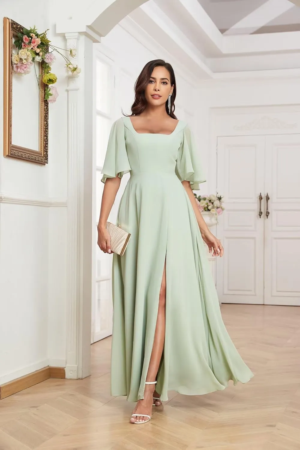 Long Bridesmaid Dresses for Women Chiffon Wedding Guest Dress with Slit Square Neck Corset Back
