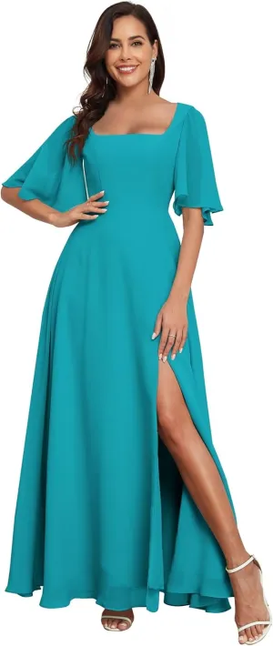 Long Bridesmaid Dresses for Women Chiffon Wedding Guest Dress with Slit Square Neck Corset Back
