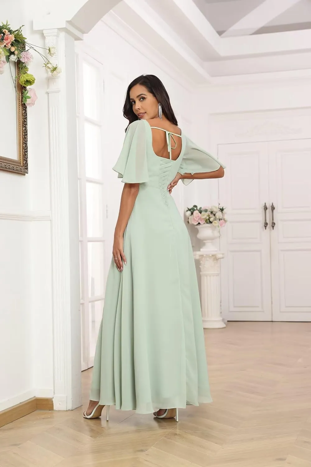 Long Bridesmaid Dresses for Women Chiffon Wedding Guest Dress with Slit Square Neck Corset Back