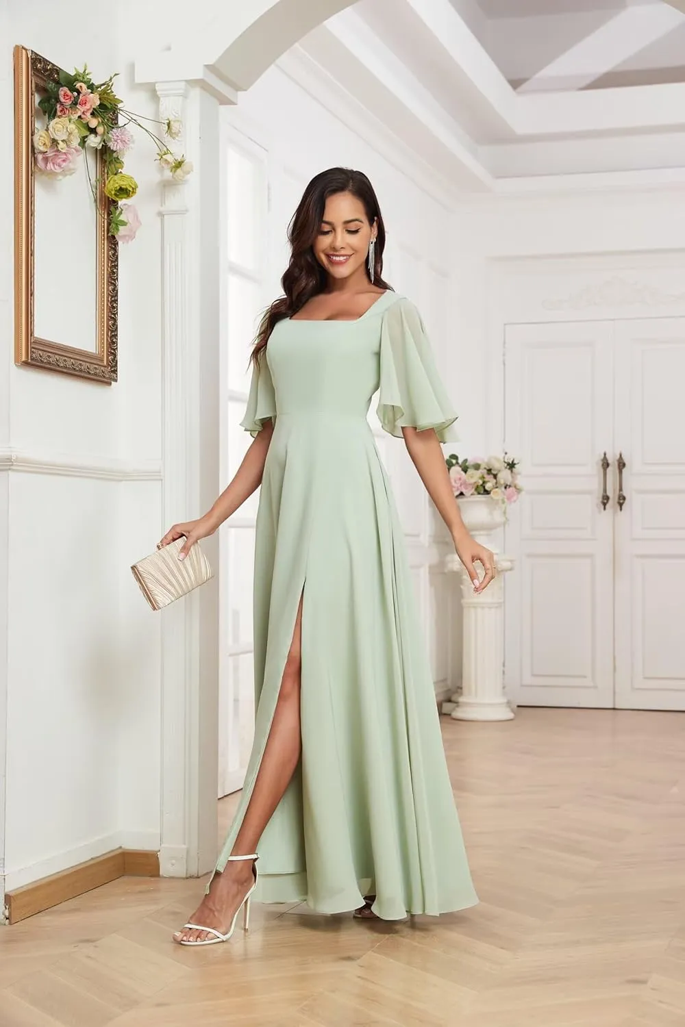 Long Bridesmaid Dresses for Women Chiffon Wedding Guest Dress with Slit Square Neck Corset Back