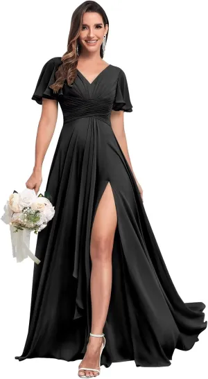 Long Chiffon Bridesmaid Dresses for Women V Neck Elegant Ruffle Formal Evening Gown with Sleeves
