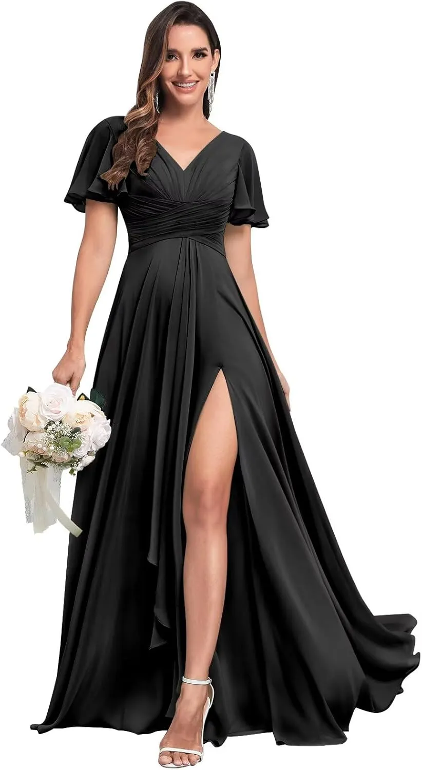 Long Chiffon Bridesmaid Dresses for Women V Neck Elegant Ruffle Formal Evening Gown with Sleeves