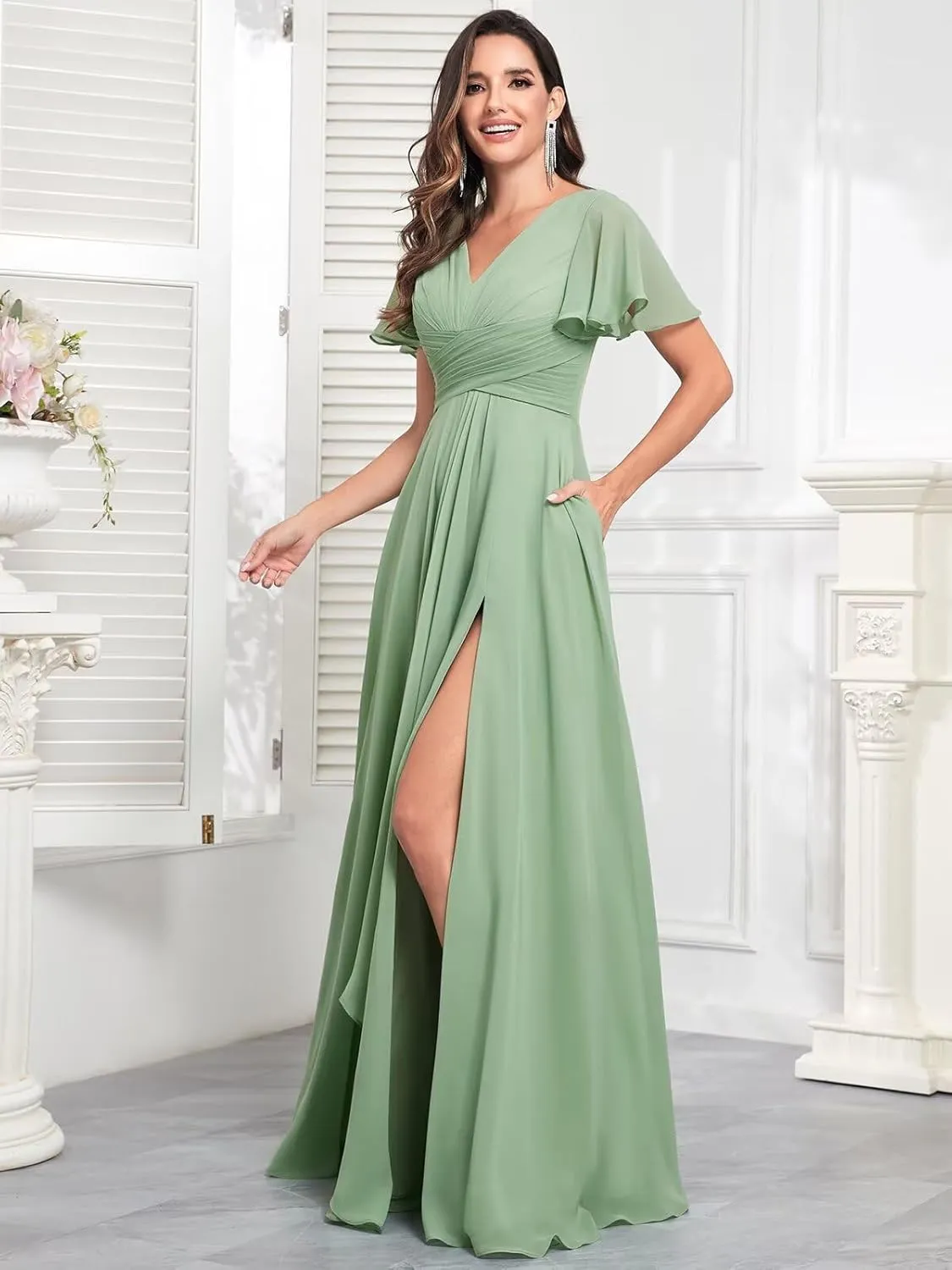Long Chiffon Bridesmaid Dresses for Women V Neck Elegant Ruffle Formal Evening Gown with Sleeves