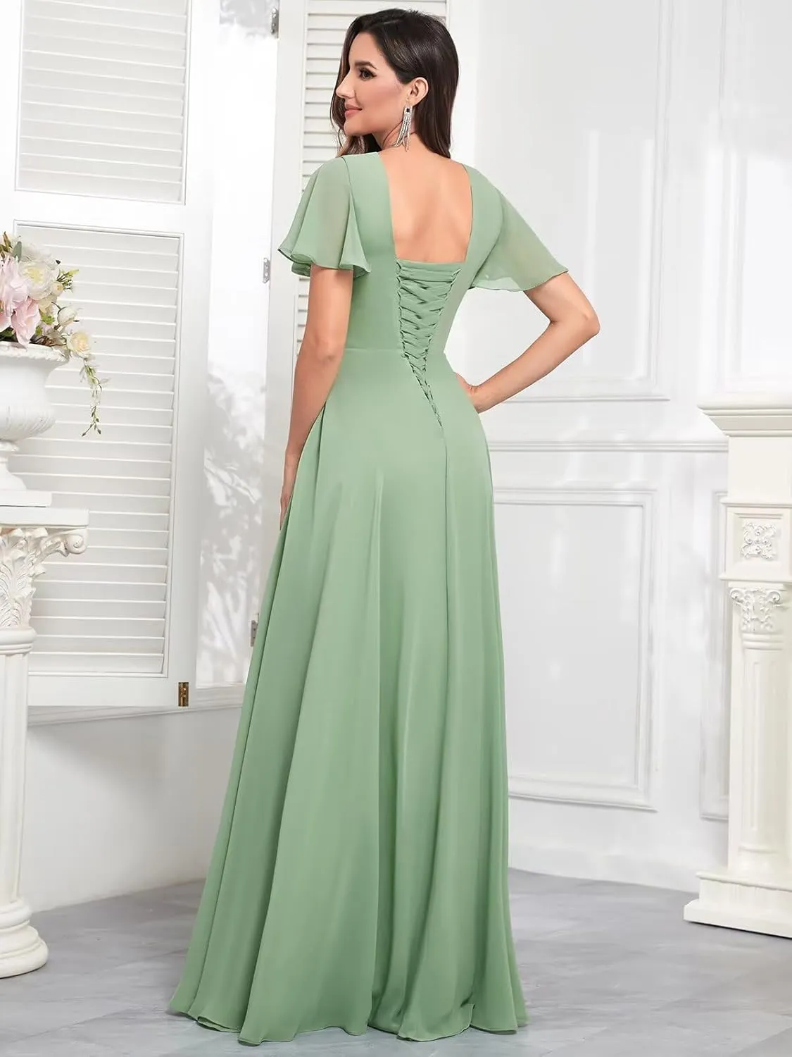 Long Chiffon Bridesmaid Dresses for Women V Neck Elegant Ruffle Formal Evening Gown with Sleeves