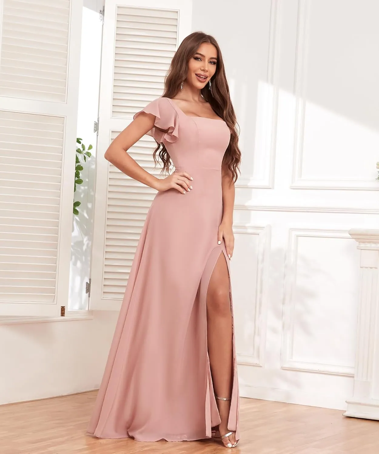 Long Chiffon Bridesmaid Dresses with Slit Ruffle Sleeves A Line Evening Formal Party Dresses for Women