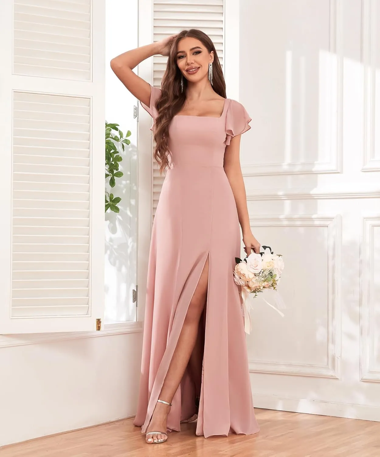 Long Chiffon Bridesmaid Dresses with Slit Ruffle Sleeves A Line Evening Formal Party Dresses for Women