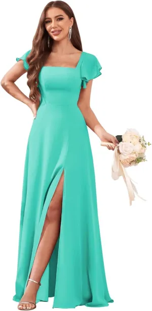 Long Chiffon Bridesmaid Dresses with Slit Ruffle Sleeves A Line Evening Formal Party Dresses for Women
