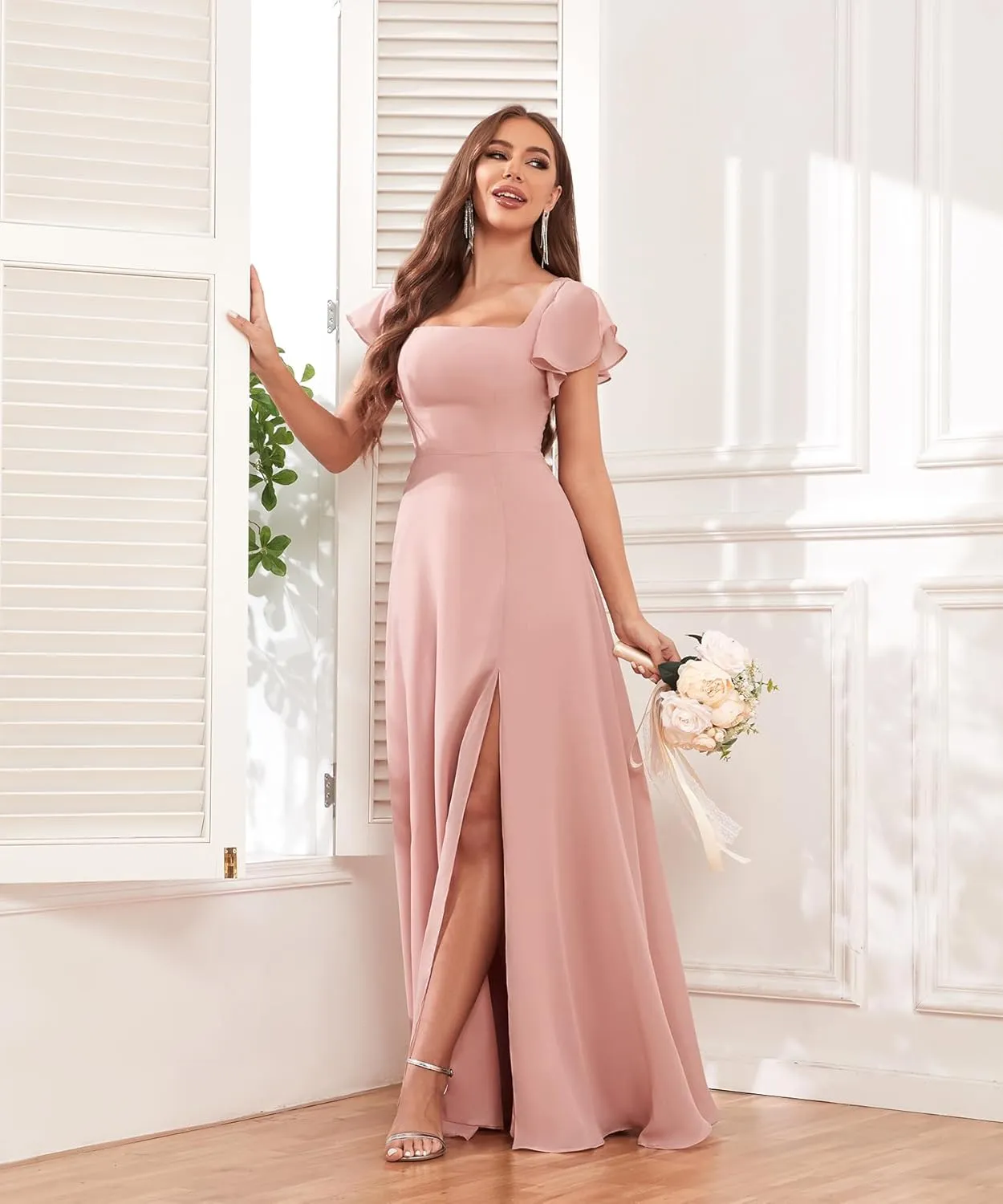 Long Chiffon Bridesmaid Dresses with Slit Ruffle Sleeves A Line Evening Formal Party Dresses for Women