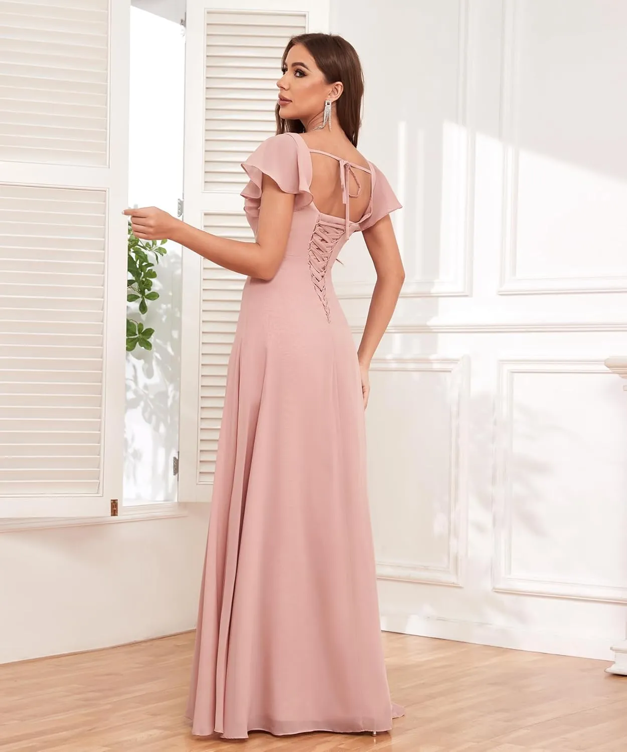Long Chiffon Bridesmaid Dresses with Slit Ruffle Sleeves A Line Evening Formal Party Dresses for Women