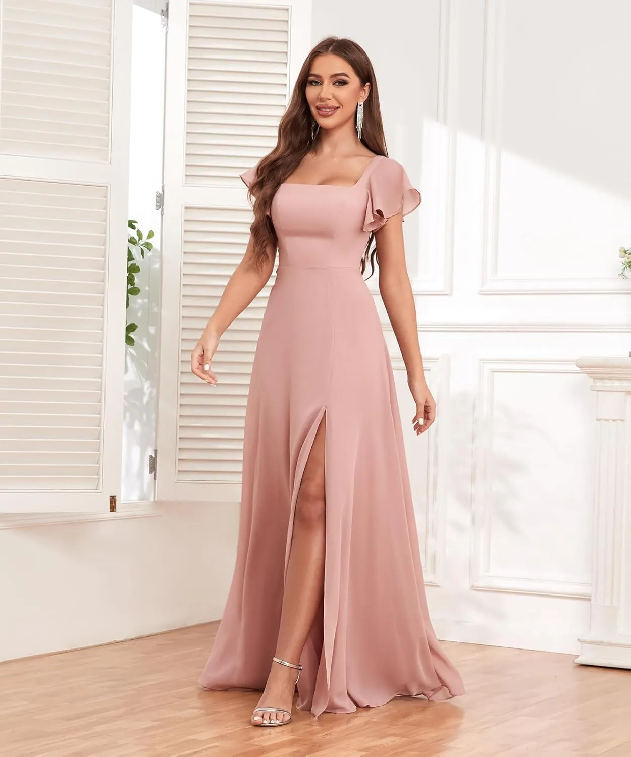 Long Chiffon Bridesmaid Dresses with Slit Ruffle Sleeves A Line Evening Formal Party Dresses for Women