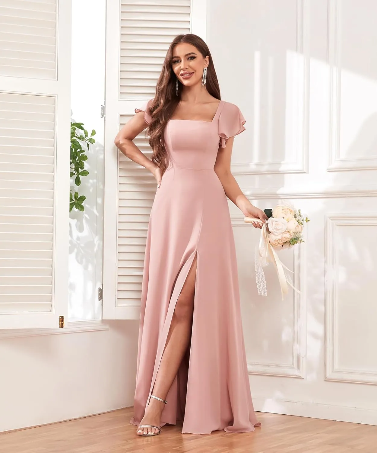 Long Chiffon Bridesmaid Dresses with Slit Ruffle Sleeves A Line Evening Formal Party Dresses for Women