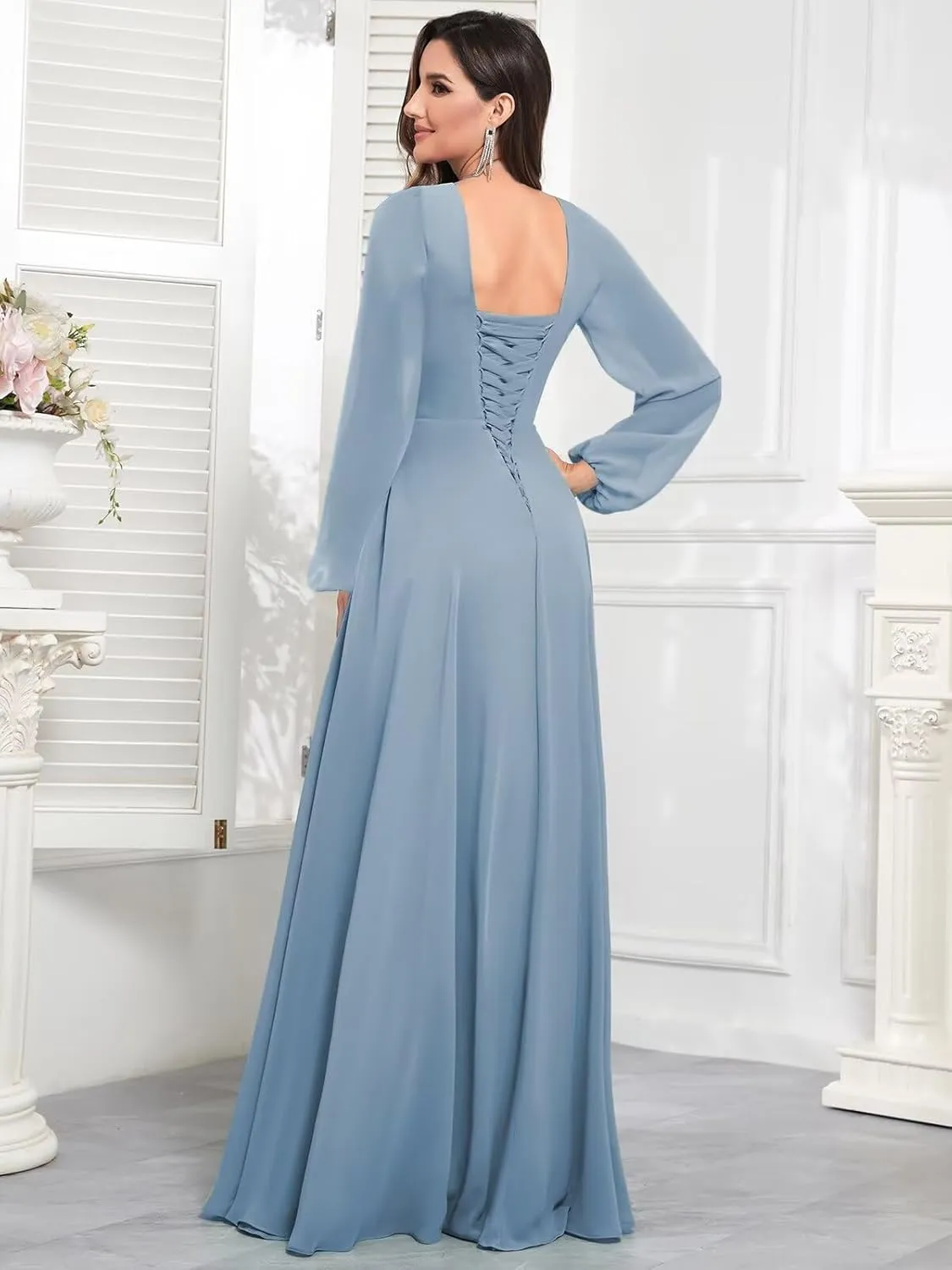 Long Sleeve Chiffon Bridesmaid Dresses for Women Long V Neck Elegant Formal Dress Evening Gown with Slit
