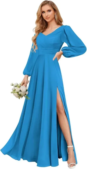 Long Sleeve Chiffon Bridesmaid Dresses for Women Long V Neck Elegant Formal Dress Evening Gown with Slit