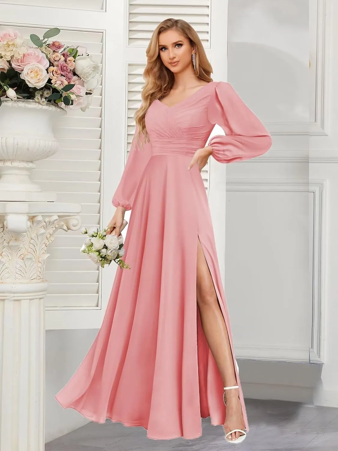 Long Sleeve Chiffon Bridesmaid Dresses for Women Long V Neck Elegant Formal Dress Evening Gown with Slit