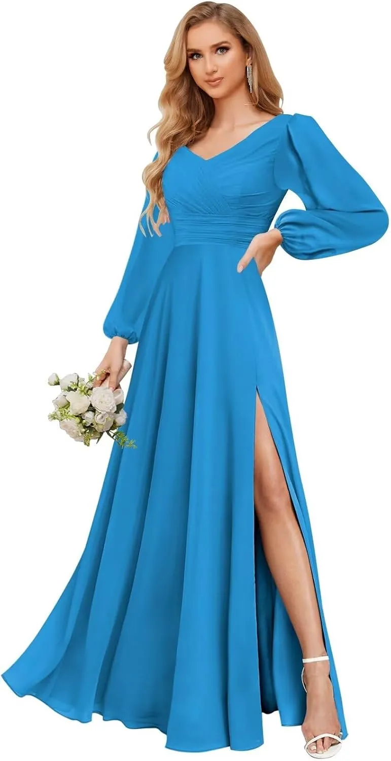 Long Sleeve Chiffon Bridesmaid Dresses for Women Long V Neck Elegant Formal Dress Evening Gown with Slit