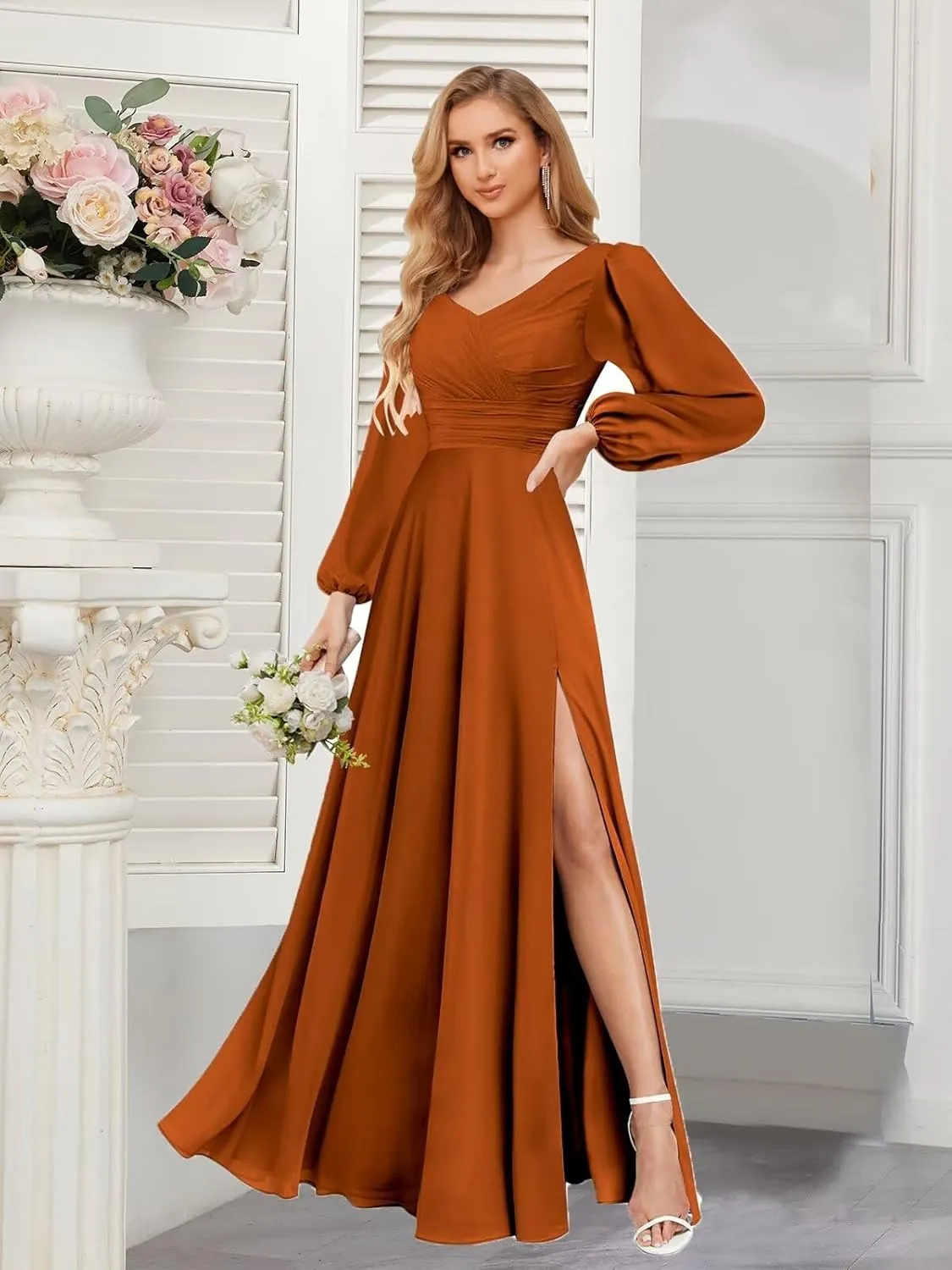 Long Sleeve Chiffon Bridesmaid Dresses for Women Long V Neck Elegant Formal Dress Evening Gown with Slit