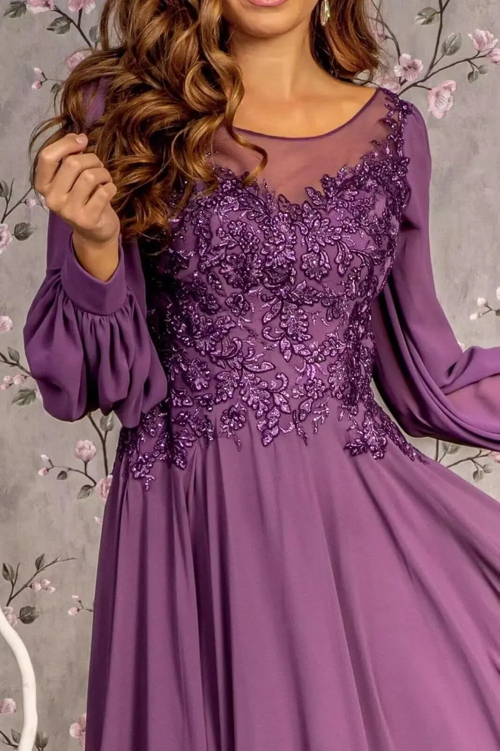 Long Sleeve Mother of The Bride Dresses for Wedding Lace Appliques A-line Chiffon Formal Evening Party Gowns