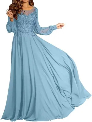 Long Sleeve Mother of The Bride Dresses for Wedding Lace Appliques A-line Chiffon Formal Evening Party Gowns