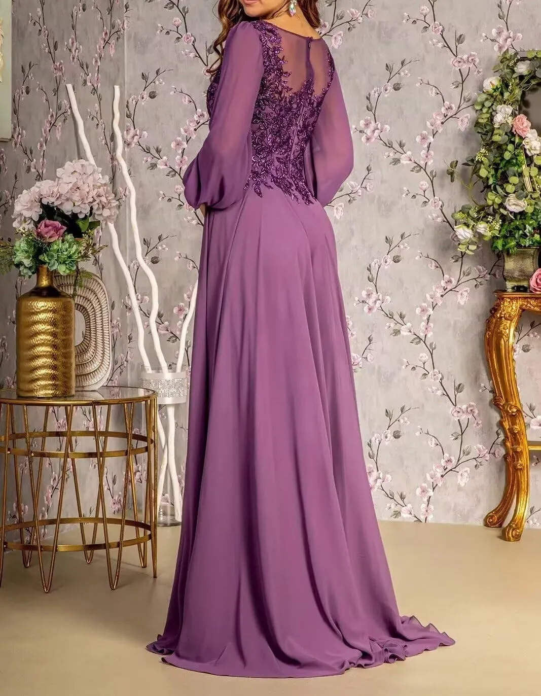 Long Sleeve Mother of The Bride Dresses for Wedding Lace Appliques A-line Chiffon Formal Evening Party Gowns