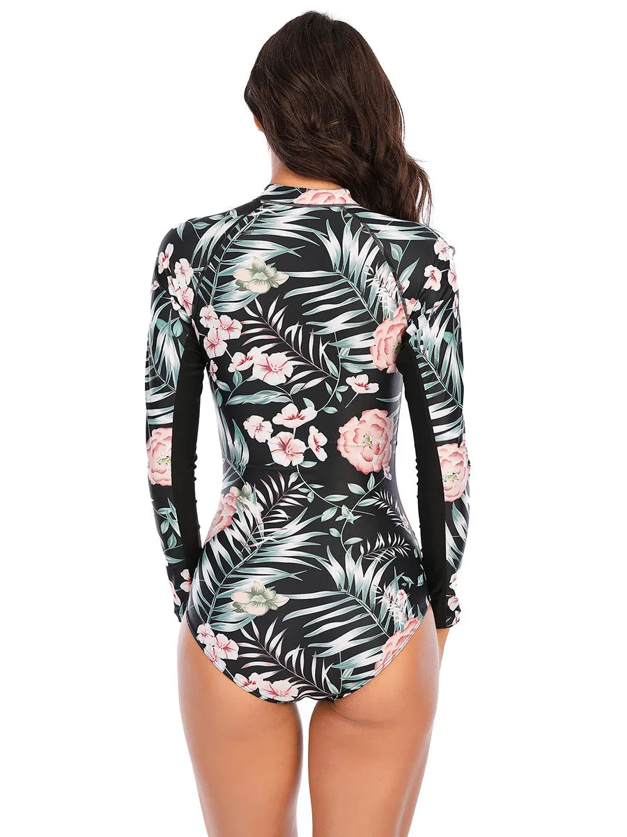 Long Sleeve Zip Up Tropical One Piece Swimsuit