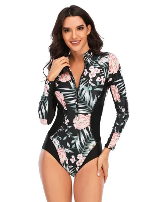Long Sleeve Zip Up Tropical One Piece Swimsuit