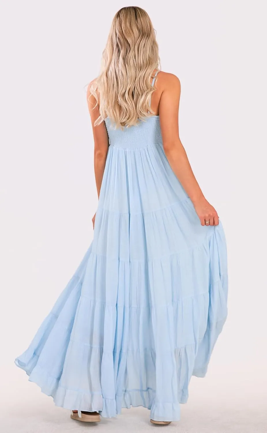 loveimgs Women Summer Spaghetti Strap Smocked Maxi Dress Tiered Ruffle Sleeveless Long Flowy Dress Beach Sundress