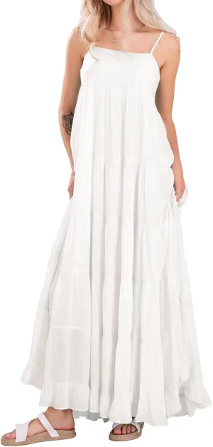 loveimgs Women Summer Spaghetti Strap Smocked Maxi Dress Tiered Ruffle Sleeveless Long Flowy Dress Beach Sundress