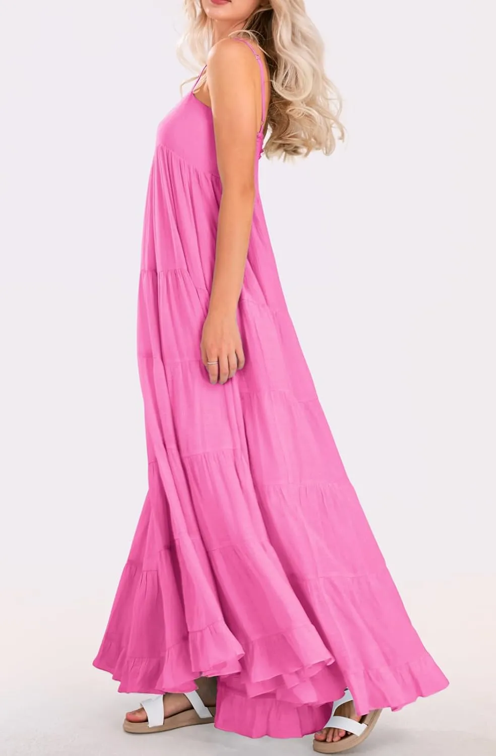 loveimgs Women Summer Spaghetti Strap Smocked Maxi Dress Tiered Ruffle Sleeveless Long Flowy Dress Beach Sundress