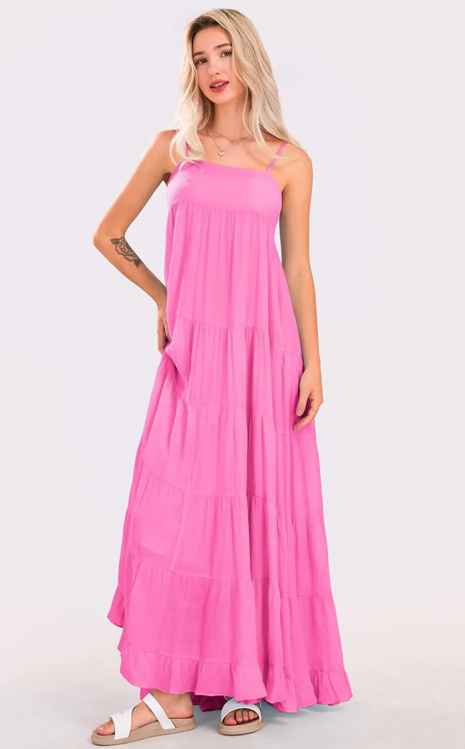 loveimgs Women Summer Spaghetti Strap Smocked Maxi Dress Tiered Ruffle Sleeveless Long Flowy Dress Beach Sundress