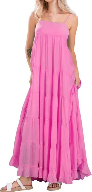 loveimgs Women Summer Spaghetti Strap Smocked Maxi Dress Tiered Ruffle Sleeveless Long Flowy Dress Beach Sundress