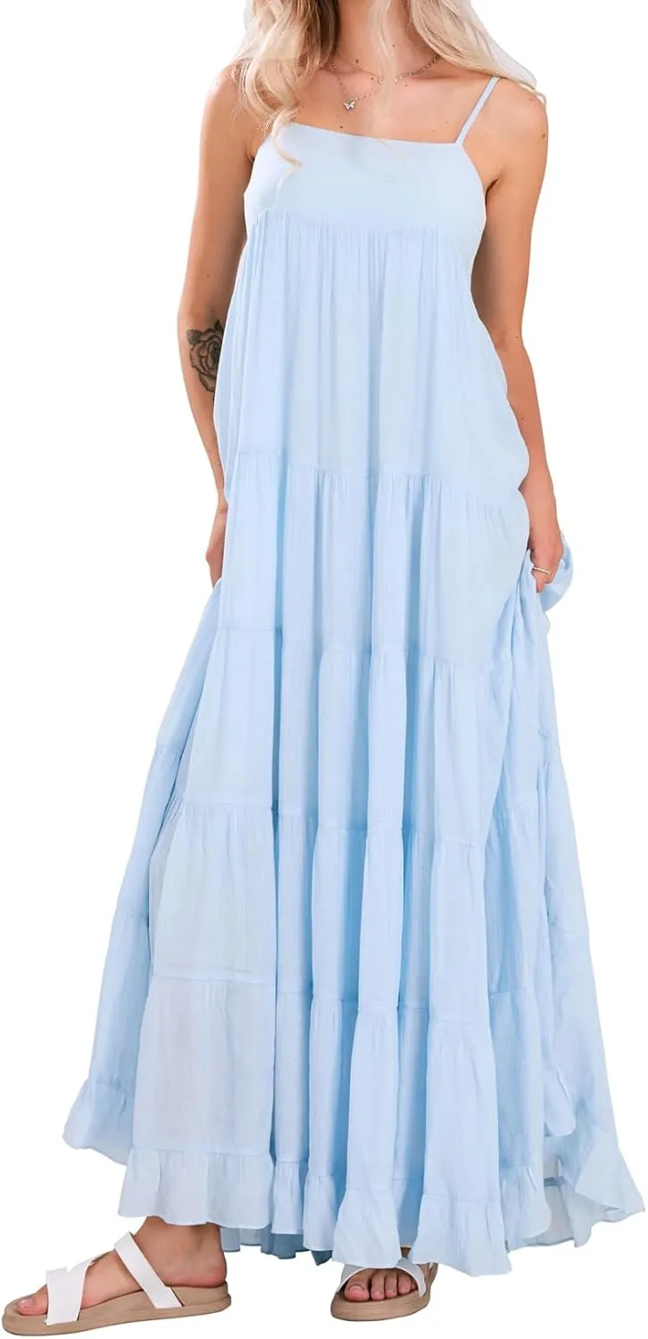 loveimgs Women Summer Spaghetti Strap Smocked Maxi Dress Tiered Ruffle Sleeveless Long Flowy Dress Beach Sundress