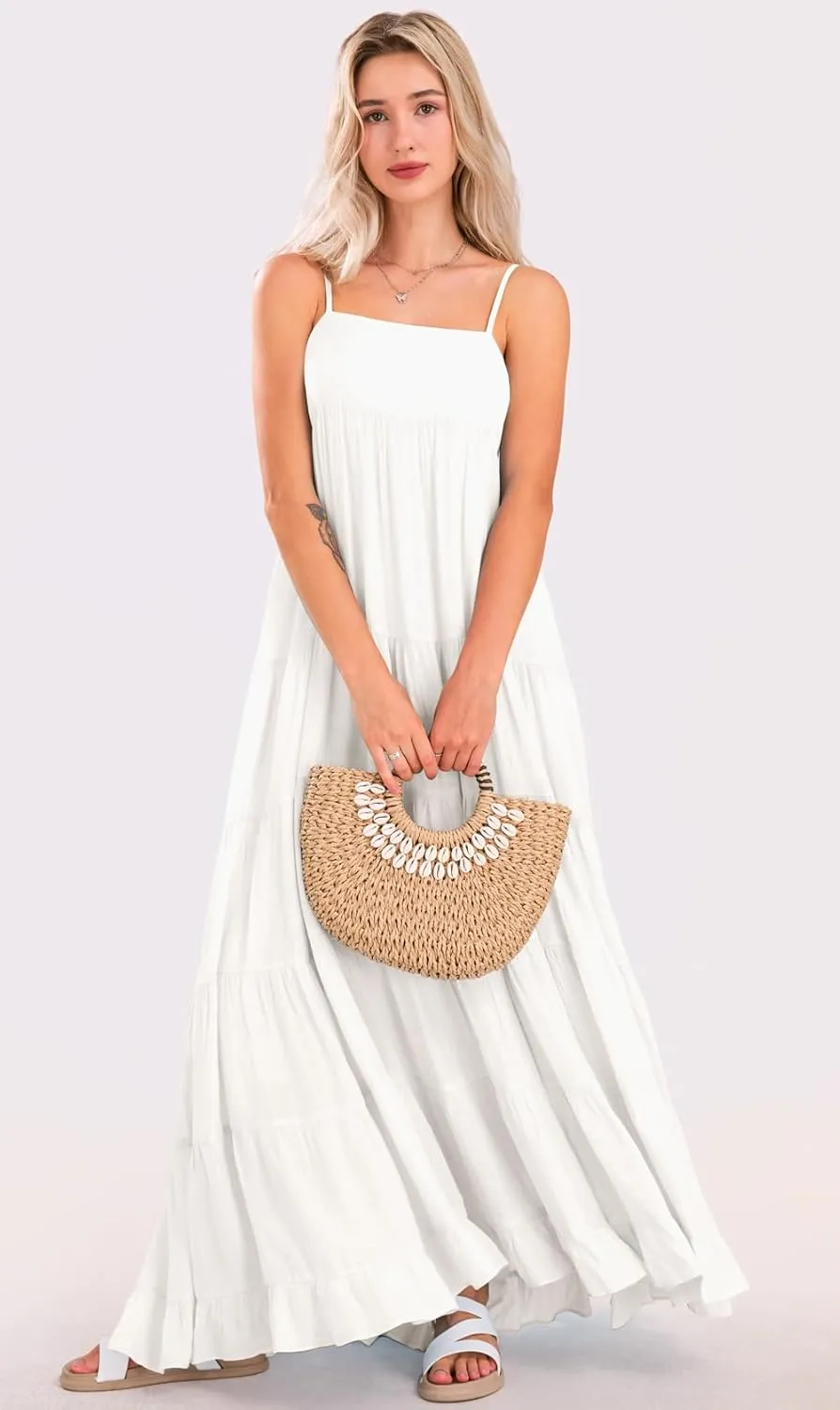 loveimgs Women Summer Spaghetti Strap Smocked Maxi Dress Tiered Ruffle Sleeveless Long Flowy Dress Beach Sundress
