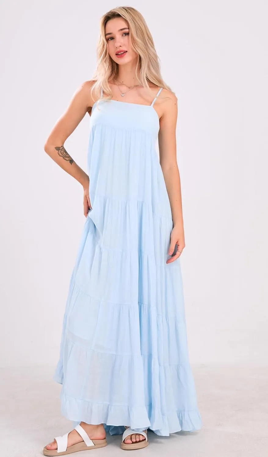 loveimgs Women Summer Spaghetti Strap Smocked Maxi Dress Tiered Ruffle Sleeveless Long Flowy Dress Beach Sundress