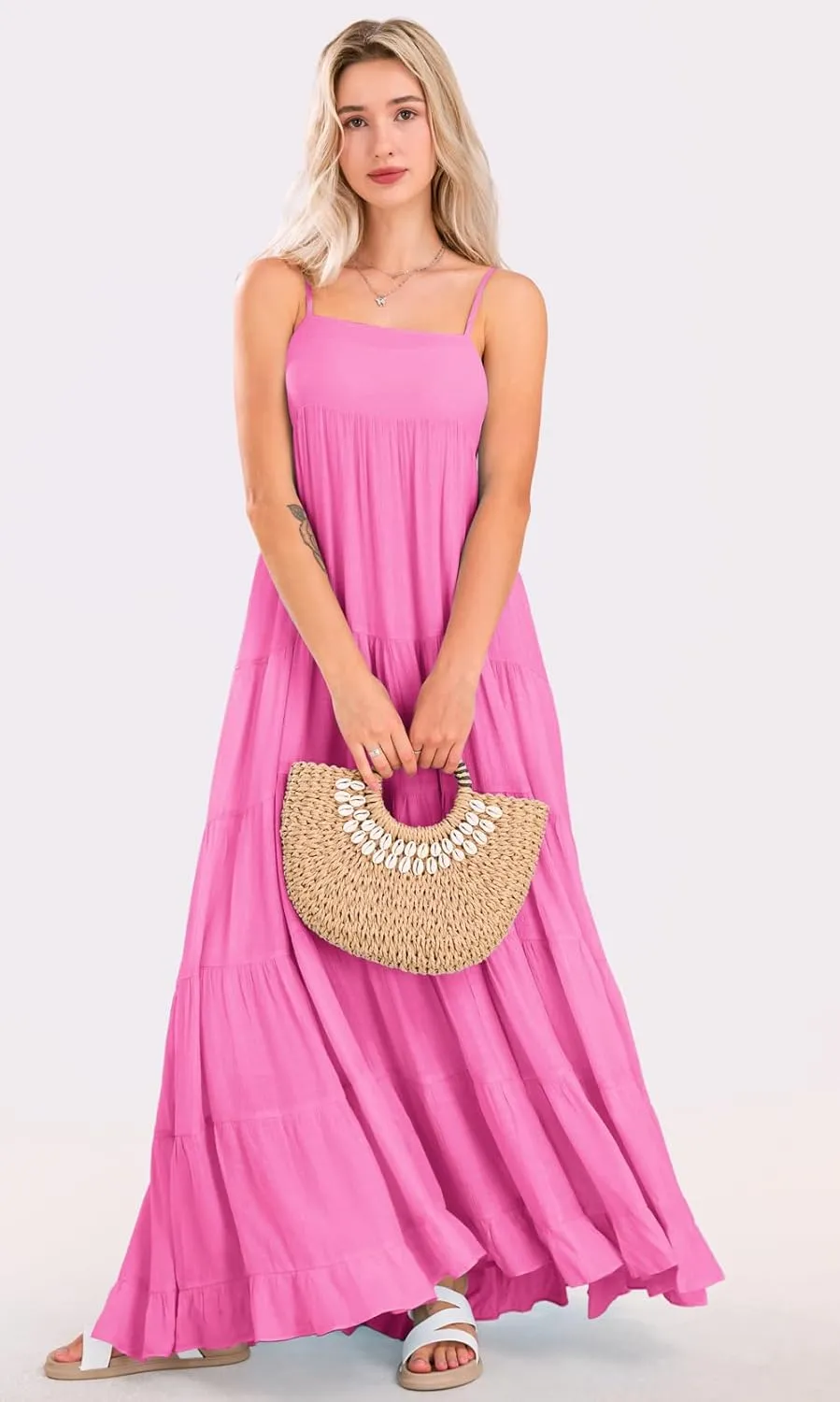 loveimgs Women Summer Spaghetti Strap Smocked Maxi Dress Tiered Ruffle Sleeveless Long Flowy Dress Beach Sundress