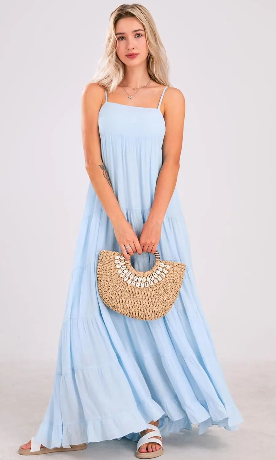 loveimgs Women Summer Spaghetti Strap Smocked Maxi Dress Tiered Ruffle Sleeveless Long Flowy Dress Beach Sundress
