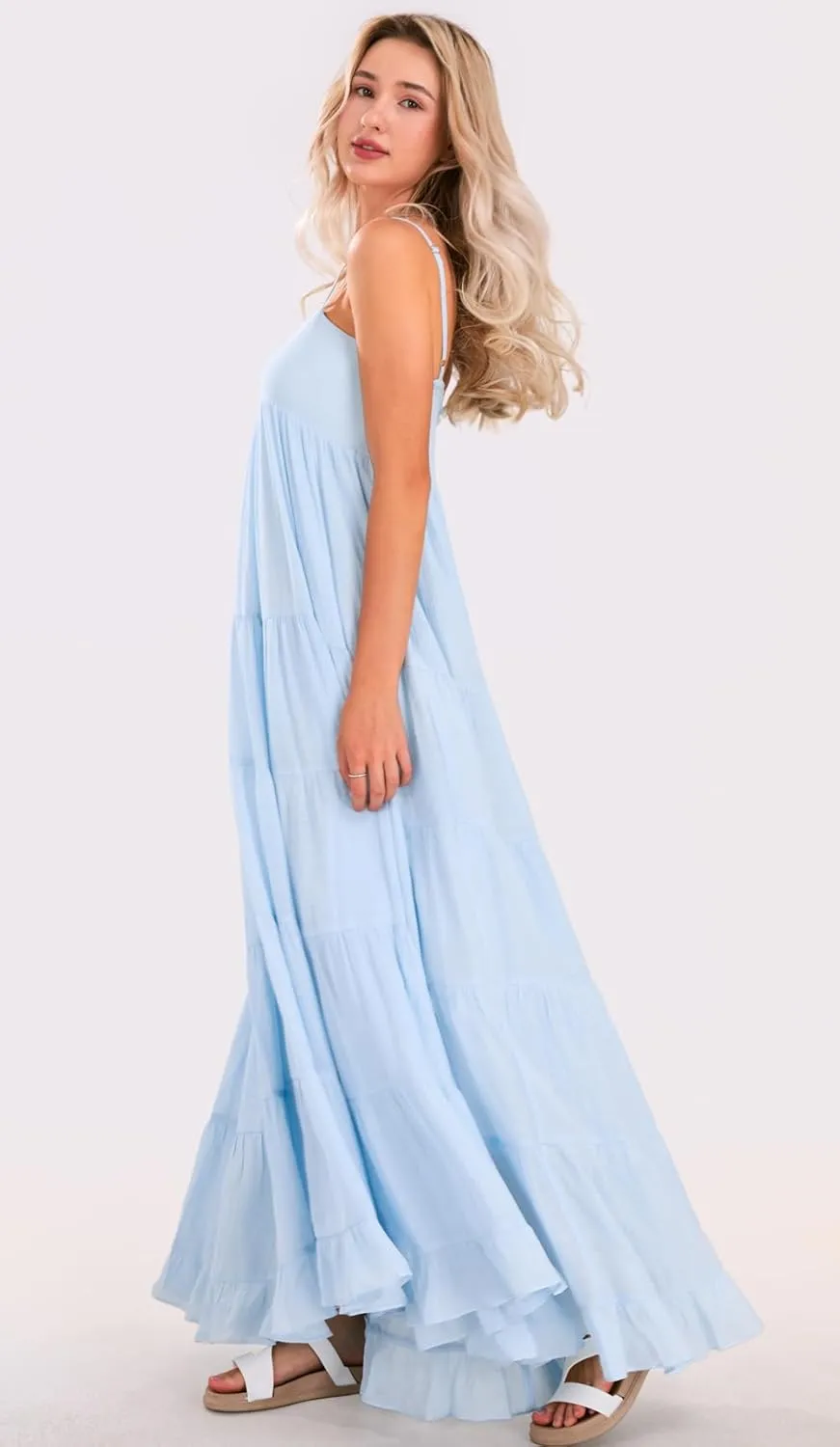 loveimgs Women Summer Spaghetti Strap Smocked Maxi Dress Tiered Ruffle Sleeveless Long Flowy Dress Beach Sundress
