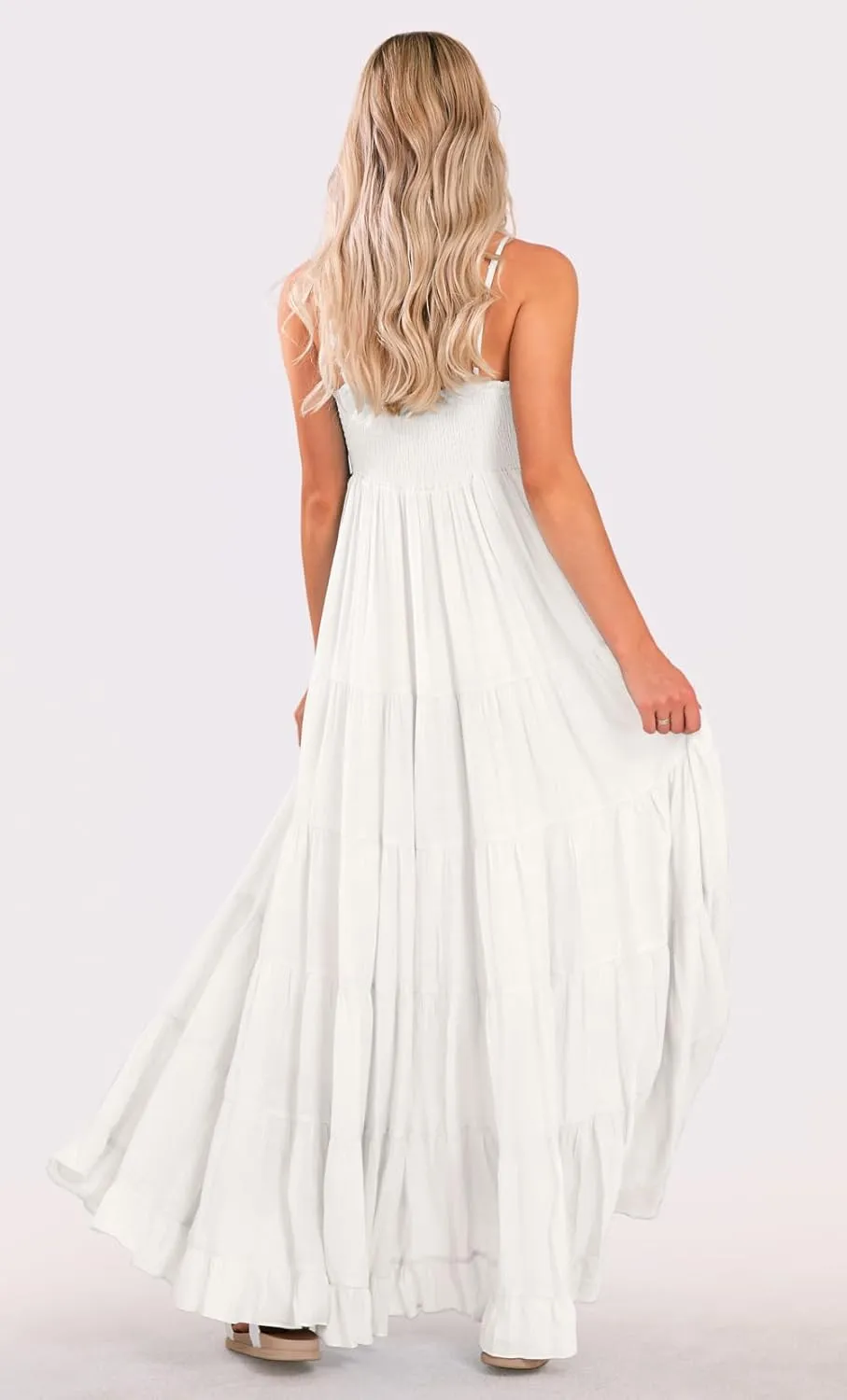 loveimgs Women Summer Spaghetti Strap Smocked Maxi Dress Tiered Ruffle Sleeveless Long Flowy Dress Beach Sundress