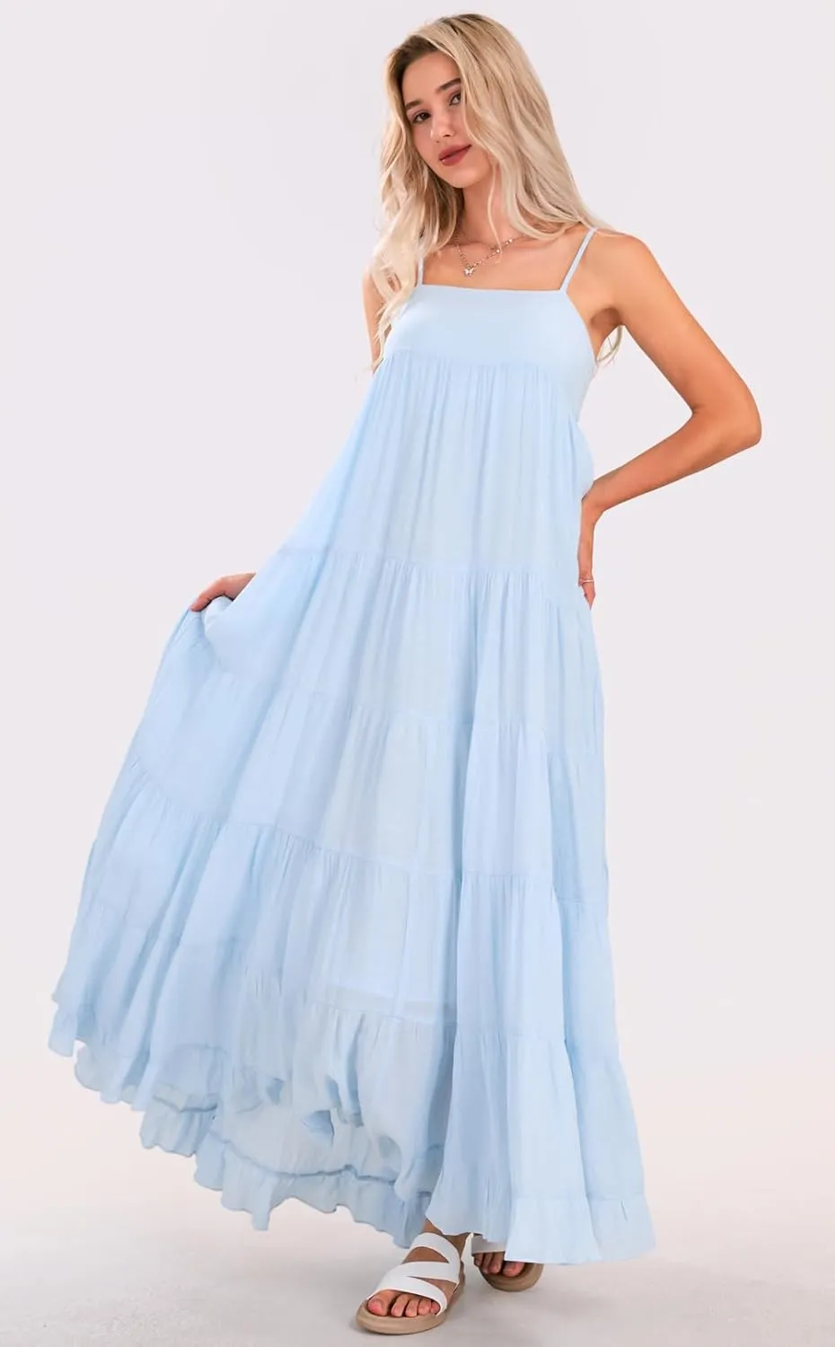 loveimgs Women Summer Spaghetti Strap Smocked Maxi Dress Tiered Ruffle Sleeveless Long Flowy Dress Beach Sundress